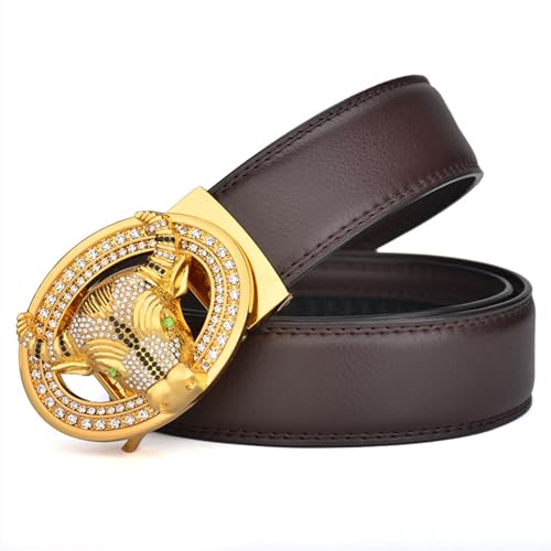 Mens Belts Leather, Ratchet Dress Western Belt for Men with Bull Head Pattern Alloy Oval Diamond Buckle,Brown,110CM/43.3''2