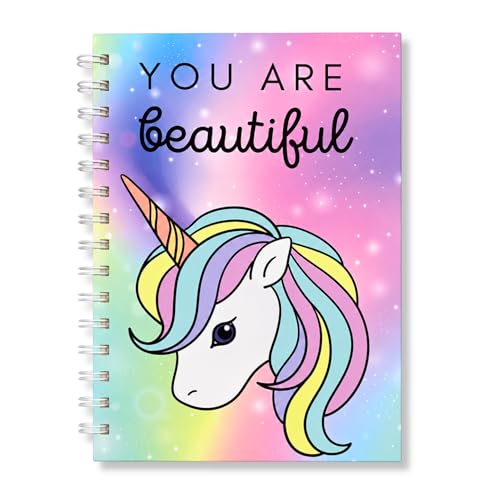 Image of You Are Beautiful Unicorn A5 Spiral Notebook Diary for Girls & Women | 192 Pages Ruled Journal with Daily & Monthly Planner | Hard Bound Cover | Twin Wire Binding | Motivational Unicorn Theme Notebook for Writing, Study & Gifting