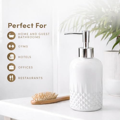 Image of Luxe Home International Diamond Cut Pattern Glass Soap Dispenser for Bathroom and Kitchen Sink Leak Proof Liquid Hand Wash Round Bottle Lightweight Smooth Finish (19.5x8 cm White) Pack of 1