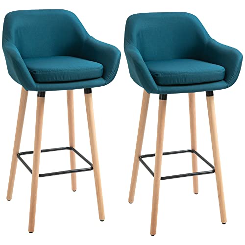 HOMCOM Tabourets de Bar Design scandinave - Lot de 2 tabourets de Bar Grand Confort avec Repose-Pieds et accoudoirs - Bois Massif Lin Bleu