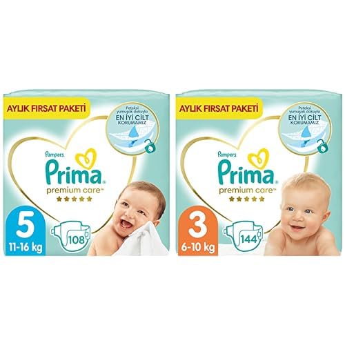 Prima Bebek Bezi Premium Care 5 Beden 108 Adet Junior Aylık Fırsat Paketi & Prima Bebek Bezi Premium Care 3 Beden 144 Adet Midi Aylık Fırsat Paketi