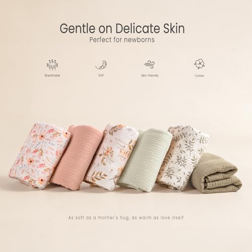 Image of lulumoon Muslin Swaddle Blankets for Baby: Cotton & Soft Receiving Blanket for Newborn with Flower Printed- Neutral Gift for Baby Shower 2pack(GreenDaisy)