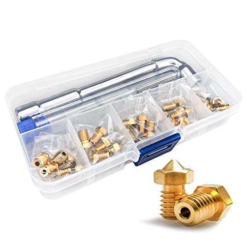 XIFOWE E3D Nozzles 25 pcs 0.4mm 3D Printer Brass Nozzles with DIY Tools and A Ten-Grid Parts Box for E3D V5-V6 3D Printe