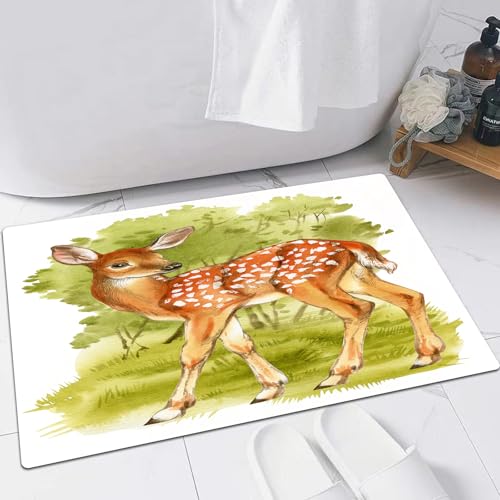 EMFSLA Alfombra de baño Shaggy de Microfibra,Cervatillo Acuarela sobre un Fondo de Bosque Verde.,Suave y cómoda, Agua súper Absorbente,40x60 CM