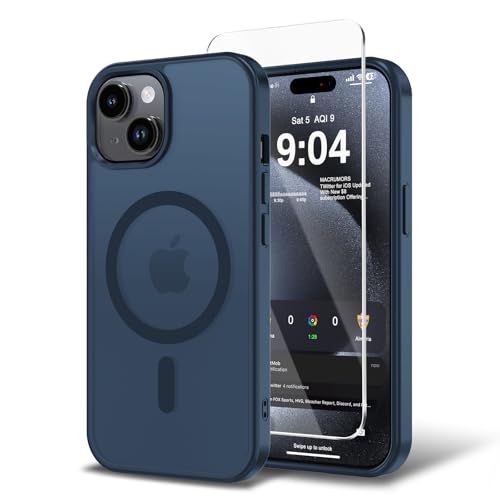 BPOASE Magnetic for iPhone 15 Case for iPhone 13 Case/iPhone 14 Case with Screen Protector Compatible with Magsafe Ultra Slim Translucent Matte Shockproof Protection Phone Cover-Dark Blue