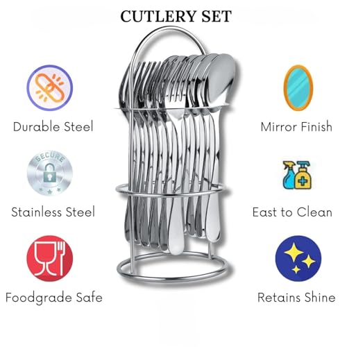 Image of Stainless Steel 16pcs Lexuz Cutlery Set Classy Flatware Deisings to Enhance Elegance of Your Dining Room,4 Tea Spoons,4 Baby Spoon,4 Dessert Spoons,4 Dessert Forck,1cutlery Hanging Stand