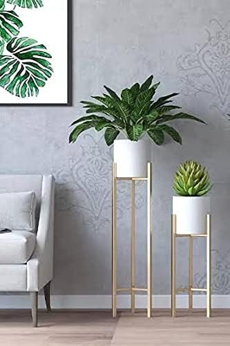 Image of Iron Metal Tall Plant Stand with Pot| Indoor Outdoor Plant Stand| Modern Golden Tall Planter Stand [ Set of 2 ]