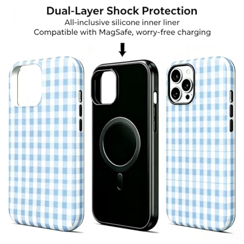 Image of for iPhone 13 /14 Case Cute Phone Case,Compatible with MagSafe,Dual Layer Shockproof Protective Phone Cover,Hard Shell + Silicone Cover,Fashion Design for Women Girls,Blue and White Plaid
