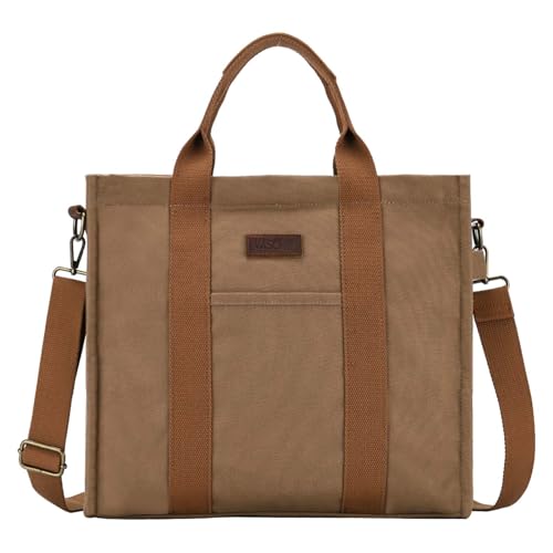 VASCHY Canvas Tote Bag, Casual Resuable Work Totes for Women Teachers with Zippers Pockets Crossboday Shoulder Bag Purse Brown