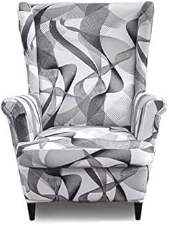 Wing Chair Slipcovers 2 Pieces Printed Wingback Chair Covers Armchair Covers Stretch Spandex Sofa Slipcover with Elastic Bottom for Living Room Bedroom Dining Room (Grey/White)