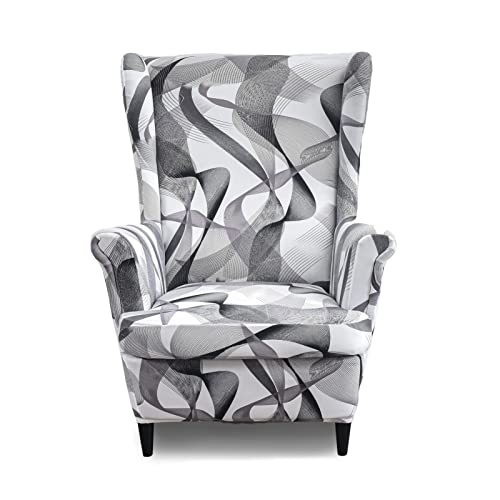 Wing Chair Slipcovers 2 Pieces Printed Wingback Chair Covers Armchair Covers Stretch Spandex Sofa Slipcover with Elastic Bottom for Living Room Bedroom Dining Room (Grey/White)