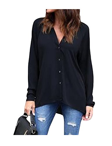 Bestgift feminino blusa tamanho plus com decote em V manga longa com botões tops pretos XGG