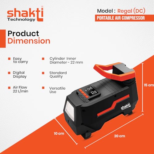 Image of Shakti Technology Regal DC - Digital Portable Tyre Inflator for car and bike - Digital Portable Air Compressor 12V DC for Car - Max Pressure 3-150PSI - Air Flow 22L /Min