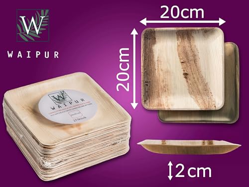 Miniatura 7 de Waipur 25 Platos Desechables De Hoja De Palma Orgánicos - Cuadrado 20x20 Cm - Vajilla Ecológica Elegante - Estable, Natural Y Biodegradable - Menaje Para Fiesta - Estilo Madera