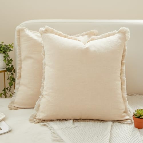 Sunday Praise Set of 2 Linen Fringe Decorative Pillow Covers 20x20 Inch Farmhouse Accent Boho Throw Pillow Cases with Tassels Cozy Soft Square Cushion Covers for Couch Sofa Bed Home Decor,Beige