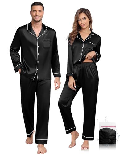 Image of YOPUGEE Mens Pajama Set Long Sleeve Satin Silky Sleepwear 2 Piece Classic Button Down Loungewear with Pockets, Black-M