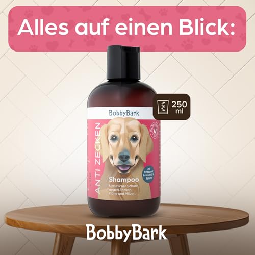Bobby Bark Hundeshampoo Anti-Zecken – Natürlicher Schutz gegen Zecken, Flöhe & Milben mit Teebaumöl, Lavendelöl & Kamille – Mild & Hautfreundlich – pH-neutral, Vegan, Pflegend