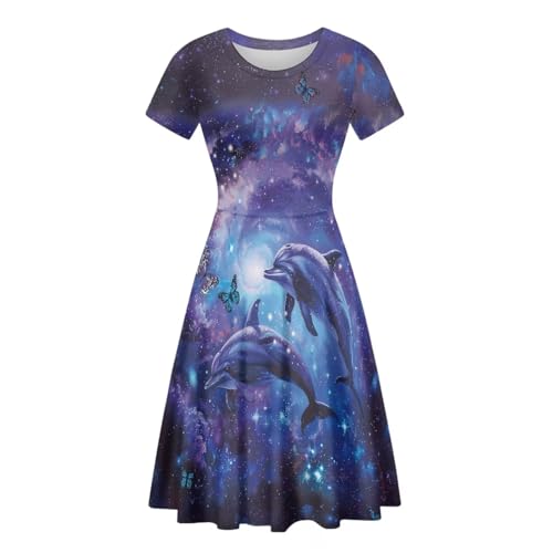 Image of HUGS IDEA Womens Puffy Swing Midi Dress Round Neck Short Sleeve Party A-Line Dresses