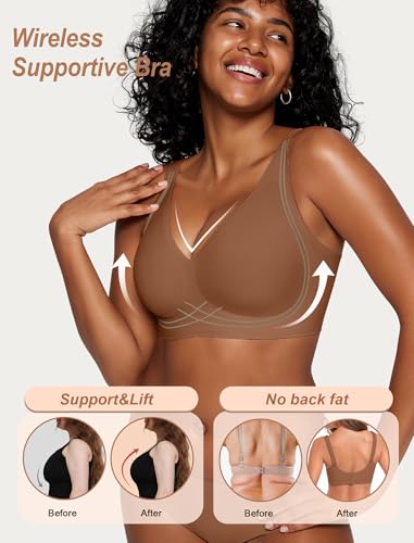 Image of OEAK Womens Comfortable Jelly Bras Deep V Bra No Underwire Seamless Full Coverage Bralettes Raceback Tshirt Supportive Bras