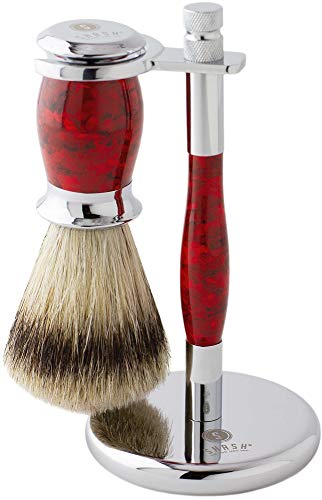 SHASH Sidney Collection Best Badger Shaving Brushes And Stand, Red - Soft, Pliable Bristles, Ergonomic Design - Genuine Badger Hair, Solid Brass Handle