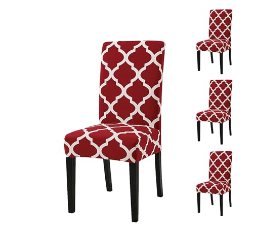 Image of Dining Chair Covers Set of 4, Stretchable Removable Washable Anti-Slip Universal Fit Printed Polyester Spandex Slipcovers (Red Diamond)