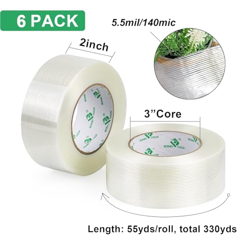 Image of BOMEI PACK 6PACK Reinforced Packing Tape, 5.5Mil 2Inx 55Yds, Heavy Duty Filament Strapping Tape 2inch for Packing Shipping, Moving and Storage, Total 330yds