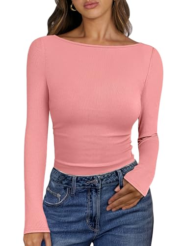 Image of ANRABESS Women's Boat Neck Long Sleeve Shirts Rib Knit Slim Fitting Tops Basic Tees 2026 Casual Comfy Fall Outfits Clothes