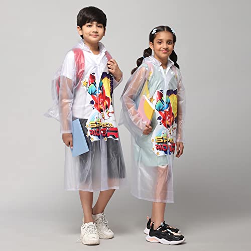 Image of THE CLOWNFISH Toon Caper Series Kid's Waterproof PvcLong Length Coat With Adjustable Hood & Extra Space For Backpack /Schoolbag Holding. Printed Plastic Pouch.