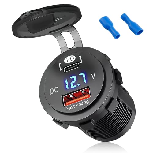 Car Charger Socket USB C 48W Total Output PD Fast Charging QC3.0 Dual Port Type-C/USB-A Power Outlet Panel 12V/24V LED Voltmeter Cigarette Lighter Adapter Waterproof for Campervan Motorcycle RV Marine