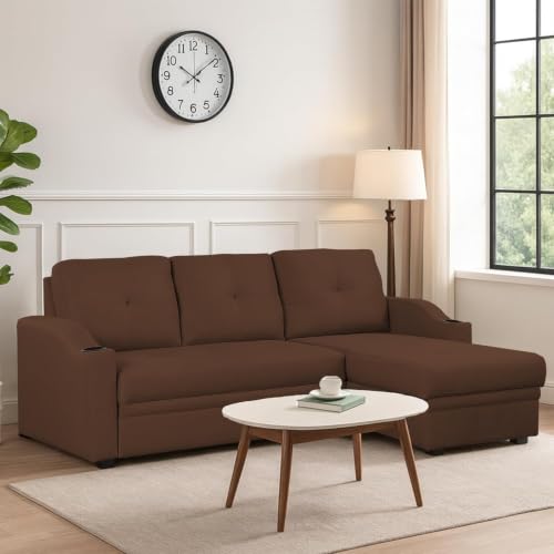 Image of Casaliving Ravonna RHS 4 Seater L Shape Corner Sofa Cum Bed for Living Room (Brown Fabric) Premium Fabric Sofa
