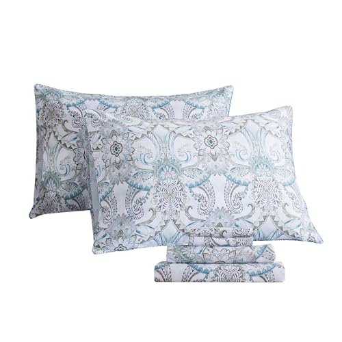Image of FADFAY Blue Paisley Sheets Set Full Classic Boho Paisley Bedding Luxurious Bohemian Damask Paisley Bed Sheet Breathable 100% Egyptian Cotton 800 Thread Count Deep Pocket Fitted Sheet 4Pcs, Full Size