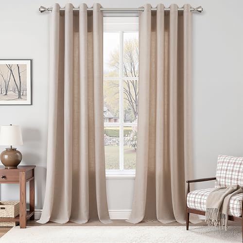 Image of Nanspring Oatmeal Linen Curtains 84 Inches Long for Living Room Grommet Semi Sheer Light Filterinig Bedroom Window Curtain Panels Neutral Tone Modern Minimalist Room Cozy Decor 52x84,2 Panels Sets