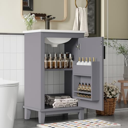 NADEUSAK Mueble de baño de pie, gris 51 x 34 x 83 cm, lavabo, lacado completo, estantes para puertas, estantes ajustables, lavabo de cerámica integrado, adecuado para espacios pequeños