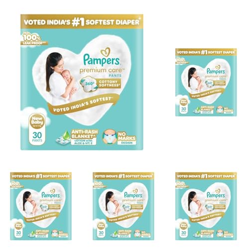 Image of Pampers Premium Care Pant Style Baby Diapers XS 30 Count | No Marks Design | Voted India's #1 Softest Diaper | All in 1 diaper with 360 Cottony Softness (Pack of 5)