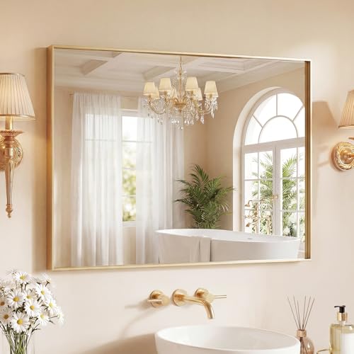 Image of Sweetcrispy Bathroom Mirrors for Over Sink, 30 inch x 36 inch Rectangle Wall Mount Mirror with Metal Frame, Modern Vanity Mirror with Tempered Glass, for Home Decor, Anti-Rust, Gold