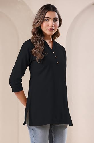 Image of Janasya Women's Light Blue Linen Cotton Solid A-line Top