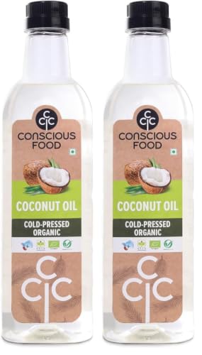 Image of Conscious Food Cold Pressed Coconut Oil, 1 L | Certified Organic | 100% Pure and Chemical Free | Good For Cooking | Boosts Heart Health Skin Care | PET bottle (Pack of 2)