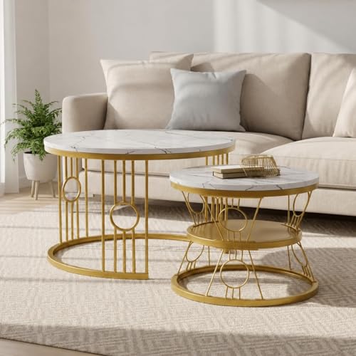 Image of Brown Art SHOPPEE Home Decor Furniture Round Side Coffee Table Sets,2 Piece MDF Top Couch Table,Stacking Nesting Table with Iron Frame for Living Room Living Room or Lounge (Golden White)