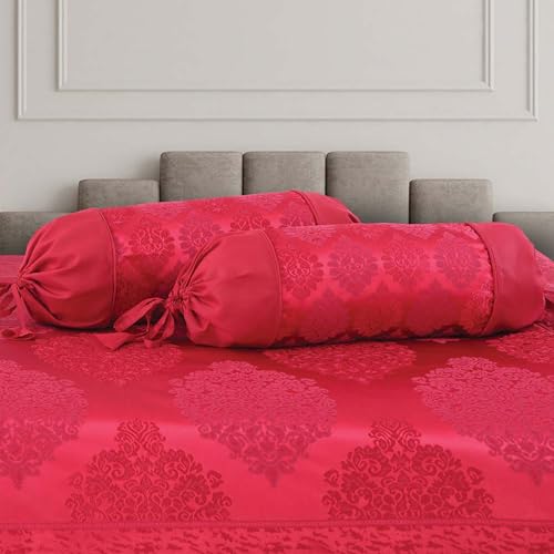 Image of Victor Poly Cotton Styria Satin Geometrical Pattern Diwan Set - 8 Pcs (Maroon, Bed Cover - 60 inchx90 inch, 2 Bolsters - 16 inch x 32 inch & 5 Cushion Covers - 16 inch x 16 inch)