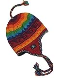 Wool Hand Knit Unisex Fleece Lined Ear Flap Beanie Cap Hat (Rainbow Wave)