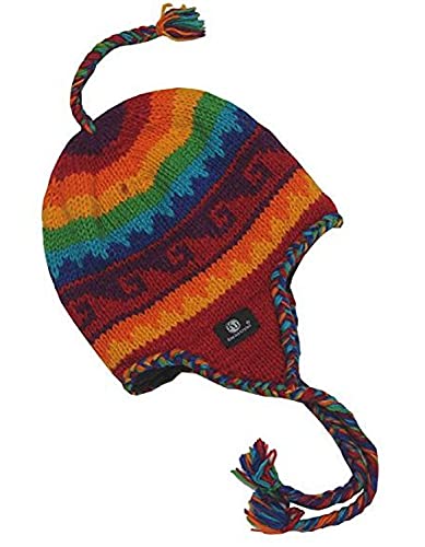 Wool Hand Knit Unisex Fleece Lined Ear Flap Beanie Cap Hat (Rainbow Wave)