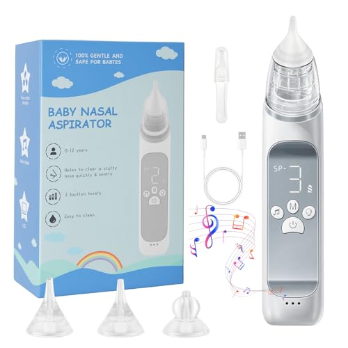 Aspirador Nasal para Bebe, Aspirador Nasal Eléctrico Recargable con 3 Boquillas y 3 Niveles de Succión, Pantalla LED, Música Relajante Y Luces de Colores