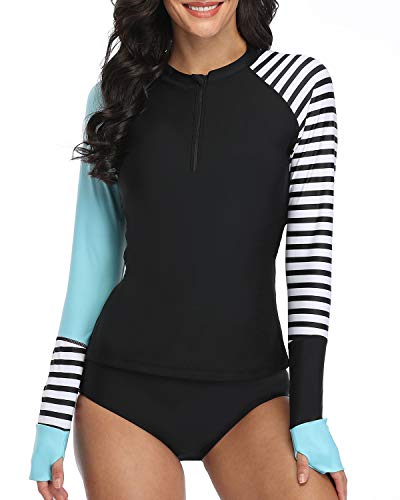Daci Women Rash Guard Long Sleeve Two Piece Zipper Swimsuit Surfing Swim Shirt UPF 50+ Blue Stripes M