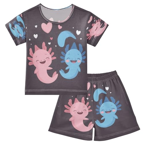 Pajama Sets Short Sleeve Cute Axolotls with Hearts Soft Cotton Summer Sleepwear 2 Piece PJS Size 5-14T
