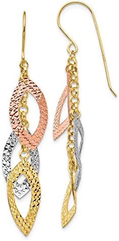 Solid 14k Gold Diamond-Cut Tri-color Tear Drop Shepherd Hook Earrings - 52mm x 10mm