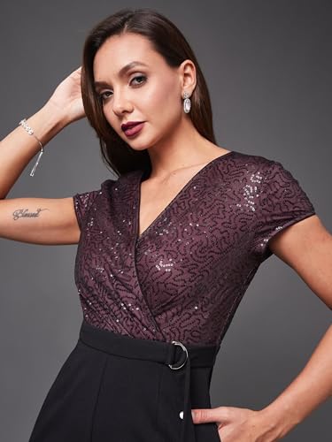 Image of Miss Chase Women's Halter Neck Sleeveless Solid Wide Leg Sequin Paneled Regular Length Jumpsuit