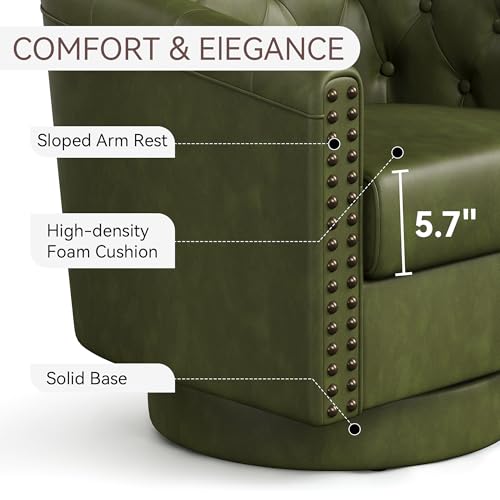 Image of Swivel Barrel Accent Chairs Set of 2,Round Nailhead Faux Leather Living Room Arm Chairs,Modern Upholstered Comfty Reading Chairs for Bedroom,Small Club Armchair,Sofa Side Chairs,Olive Green
