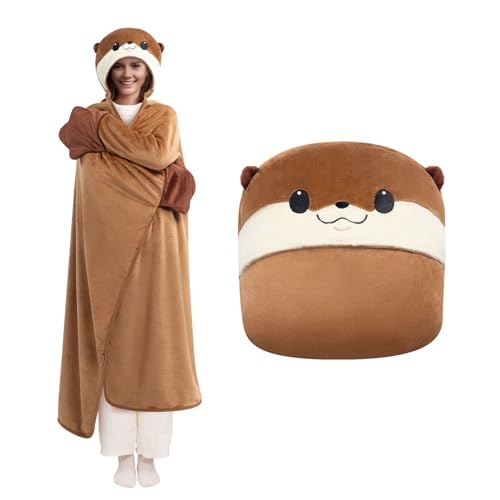Mewaii Oversized Wearable Blanket Hoodie, Kawaii Otter Hooded Cloak, Soft Plush Flannel Blanket Hoodie