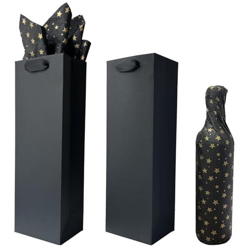 HANSWARE 2 Pack Black Wine Gift Bags with Handles for Bottles Gifts Paper Wine Bag for Valentines Wedding Easter Christmas Baby Shower Birthday Party