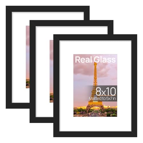 Image of upsimples 8x10 Picture Frame, Gallery Glass Photo Frames, 3Pcs, Black | Fit 5x7 with Mat and 8 x 10 Photos, Gift for Christmas, Wall Decor and Table Display for Living Room, Hallway, Gallery
